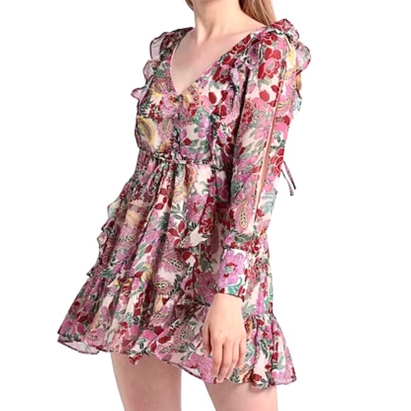 TopShop Ruffle Floral Mini Dress Lightweight Crepe Chiffon Button Bodice… - Picture 2 of 7